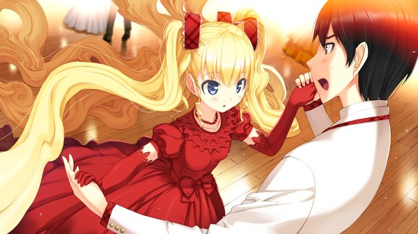 Anime picture 1280x720 with nanatsu no fushigi no owaru toki furumiya elis ueda ryou blush open mouth blue eyes black hair blonde hair wide image game cg loli couple dancing girl dress boy gloves elbow gloves