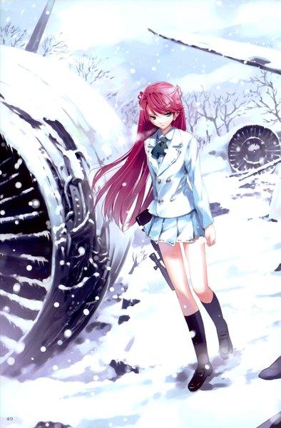 Anime picture 2301x3500 with original ueda ryou single long hair tall image highres blue eyes looking away pink hair sky cloud (clouds) pleated skirt snowing winter snow alternate hairstyle exhalation steam double buttons girl
