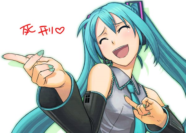 Anime picture 1600x1142 with vocaloid hatsune miku simple background smile white background twintails eyes closed aqua hair pointing girl detached sleeves necktie vest