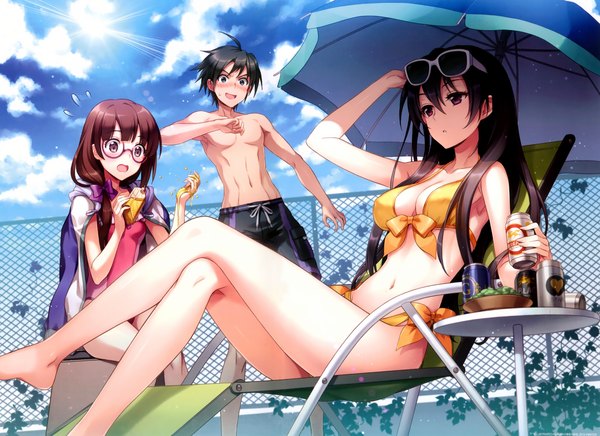 Anime picture 3540x2575 with original an2a long hair blush highres short hair breasts light erotic black hair red eyes brown hair multiple girls absurdres cloud (clouds) scan crossed legs girl boy navel 2 girls