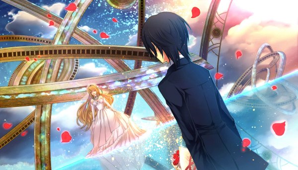 Anime picture 1225x700 with tales of (series) tales of xillia milla maxwell jude mathis janne1230 long hair short hair black hair blonde hair wide image from behind couple girl dress boy petals wedding dress gears