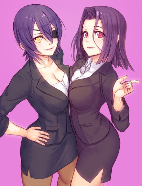 Anime picture 764x1000 with kantai collection tenryuu light cruiser tatsuta light cruiser yuuji (and) tall image looking at viewer blush fringe short hair breasts light erotic simple background smile hair between eyes large breasts multiple girls yellow eyes cleavage purple hair pink eyes