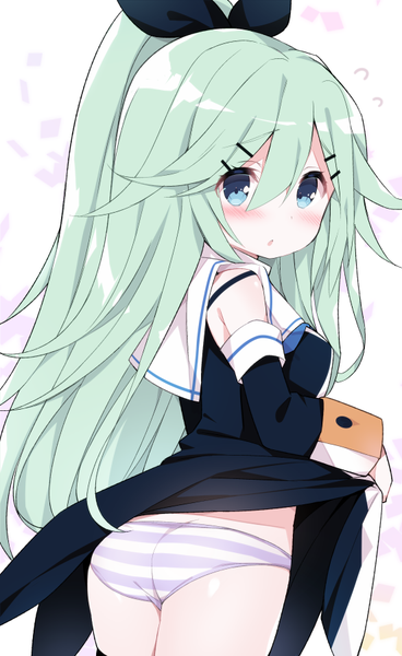 Anime picture 552x900 with kantai collection yamakaze (kantai collection) watanohara single long hair tall image looking at viewer blush fringe breasts blue eyes light erotic hair between eyes white background holding ass ponytail looking back aqua hair :o
