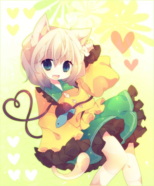 Anime picture 1474x1787 with touhou komeiji koishi ana (rznuscrf) single tall image short hair open mouth blonde hair simple background animal ears tail aqua eyes teeth loli fang (fangs) eyes heart of string girl dress heart