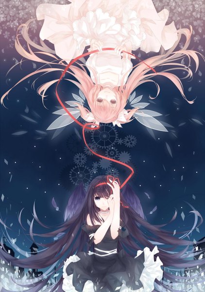 Anime picture 1100x1562 with mahou shoujo madoka magica shaft (studio) akemi homura kaname madoka goddess madoka rieko long hair tall image black hair purple eyes multiple girls pink hair pink eyes girl dress ribbon (ribbons) 2 girls hair ribbon wings