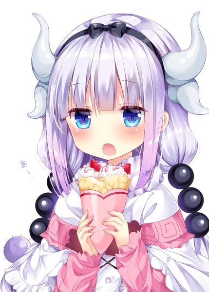Anime picture 600x839 with kobayashi-san chi no maidragon kyoto animation kanna kamui nogi takayoshi single long hair tall image looking at viewer blush open mouth blue eyes simple background white background twintails holding silver hair upper body tail horn (horns) inscription