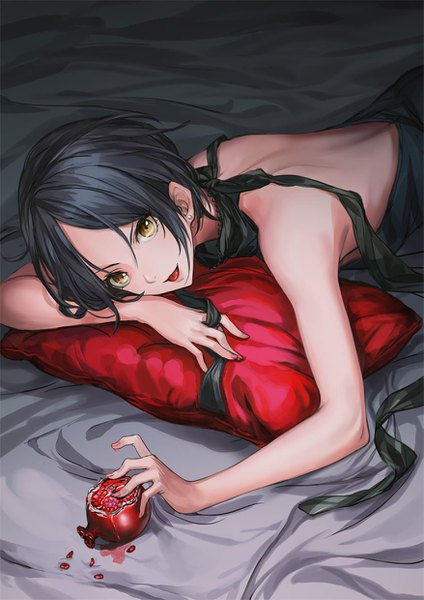 Anime picture 877x1240 with idolmaster idolmaster cinderella girls hayami kanade infukun single tall image looking at viewer short hair open mouth black hair yellow eyes lying on stomach bare back :3 blue-winged maiden girl tongue pillow fruit
