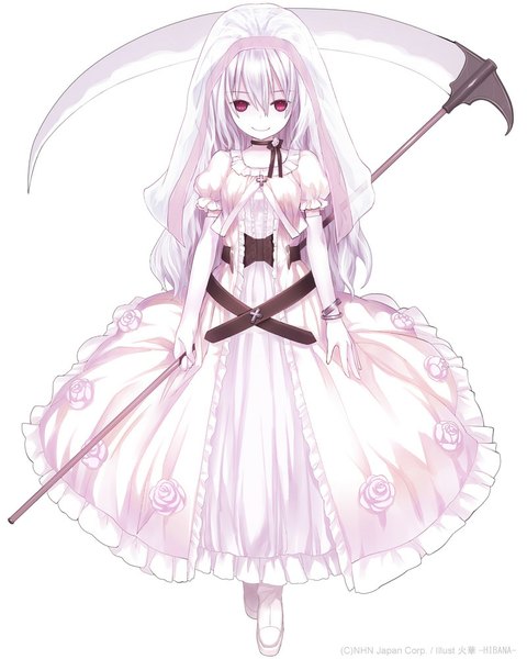 Anime picture 800x1000 with original capriccio single long hair tall image looking at viewer simple background smile red eyes white background full body white hair text pale skin wedding girl dress gloves flower (flowers) weapon