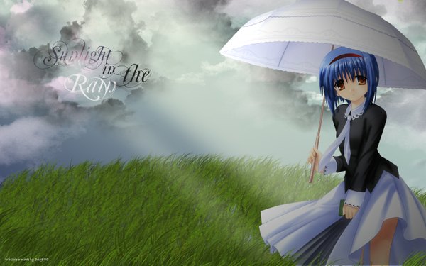 Anime picture 1440x900 with little busters! key (studio) nishizono mio single looking at viewer short hair standing brown eyes blue hair cloud (clouds) inscription girl plant (plants) necktie umbrella grass