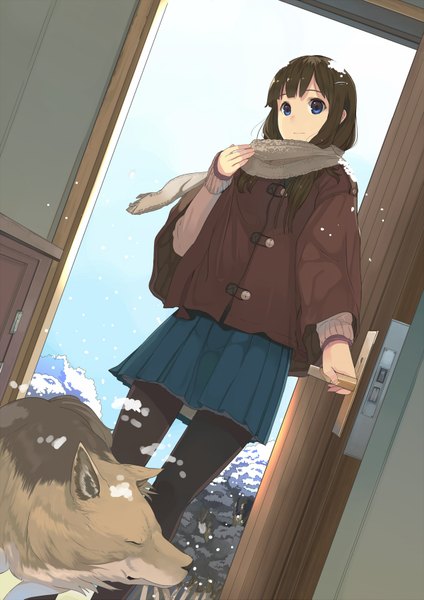 Anime picture 1200x1697 with original kagematsuri single long hair tall image blue eyes brown hair dutch angle snow girl skirt animal pantyhose jacket scarf dog door