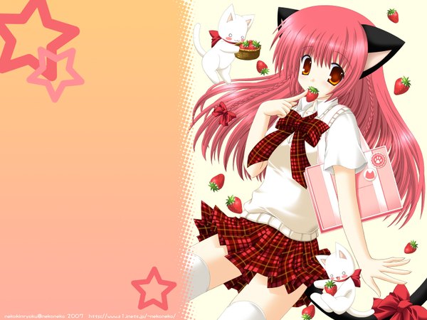 Anime picture 1600x1200 with nekoneko animal ears cat girl girl food cat berry (berries) strawberry