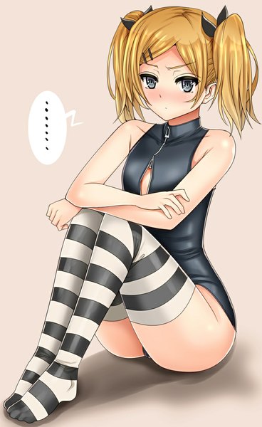 Anime picture 640x1044 with shirobako p.a. works yano erika inu (marukome) single tall image blush short hair light erotic blonde hair simple background twintails grey background grey eyes girl thighhighs hair ornament bobby pin striped thighhighs