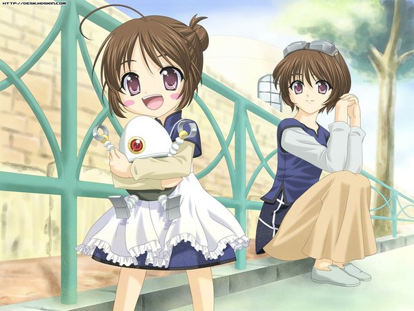 Anime picture 1024x768 with sister princess zexcs rinrin (sister princess) masakichi (crossroad) looking at viewer blush fringe short hair open mouth brown hair standing sitting purple eyes multiple girls holding sky full body ahoge bent knee (knees) outdoors