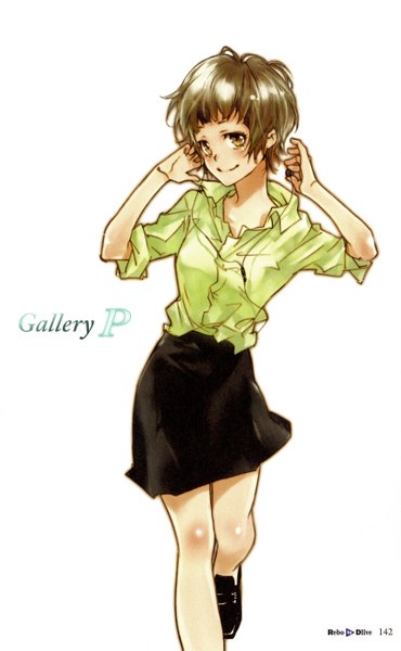 Anime picture 1715x2779 with psycho-pass production i.g rebo to dlive (artbook) tsunemori akane amano akira single tall image looking at viewer highres short hair smile brown hair white background brown eyes scan inscription official art girl skirt shirt