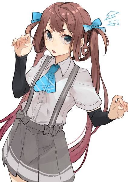 Anime picture 595x842 with kantai collection asagumo (kantai collection) hita (hitapita) single long hair tall image fringe open mouth simple background brown hair white background twintails looking away ahoge from above grey eyes girl skirt uniform ribbon (ribbons)