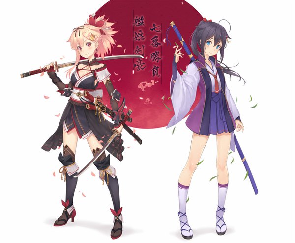 Anime picture 1280x1056 with fate (series) kantai collection fate/grand order shigure destroyer yuudachi destroyer miyamoto musashi (fate) assassin (fate/stay night) dan (kumadan) long hair looking at viewer blush fringe short hair breasts blue eyes black hair blonde hair hair between eyes red eyes multiple girls