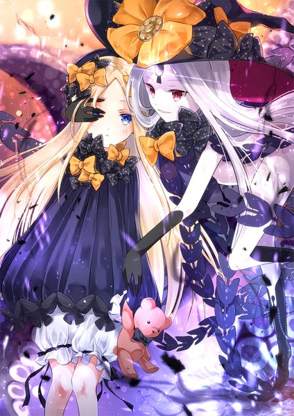 Anime picture 1061x1500 with fate (series) fate/grand order abigail williams (fate) abigail williams (third ascension) (fate) iroha (shiki) long hair tall image blue eyes light erotic blonde hair smile red eyes multiple girls silver hair dual persona white skin hand on another's face girl dress gloves