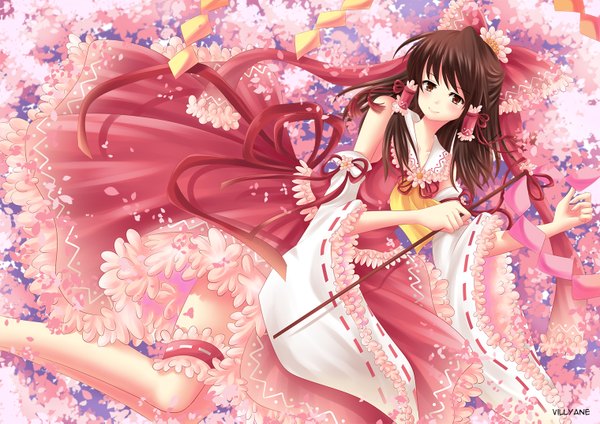 Anime picture 1520x1075 with touhou hakurei reimu villyane single long hair blush smile brown hair bare shoulders brown eyes cherry blossoms girl flower (flowers) bow hair bow petals gohei