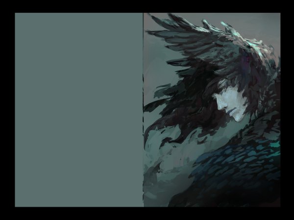 Anime picture 1280x960 with howl's moving castle studio ghibli howl tagme (artist) black hair profile realistic border monochrome pale skin head wings boy wings feather (feathers)