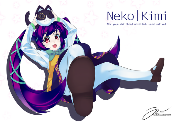 Anime picture 1023x723 with original kin no tatchi (kanente) single long hair open mouth simple background smile red eyes white background twintails purple hair girl dress animal pantyhose shoes cat white pantyhose