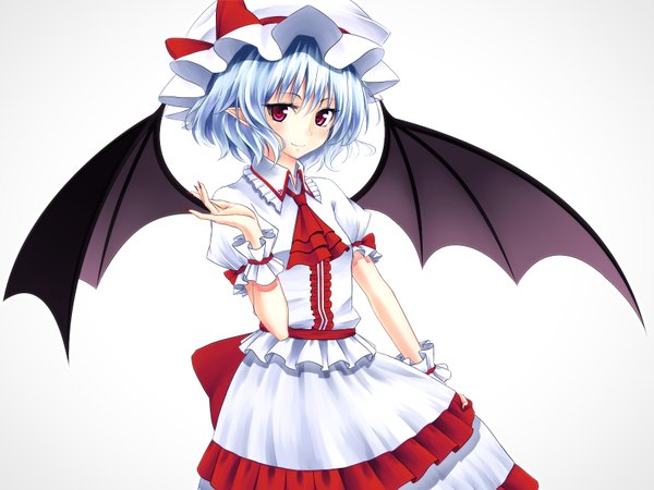 Anime picture 1600x1200 with touhou remilia scarlet junior27016 single looking at viewer blush short hair simple background red eyes white background blue hair pointy ears girl dress wings frills bonnet
