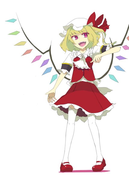 Anime picture 1000x1399 with touhou flandre scarlet tai0201 single tall image short hair open mouth blonde hair simple background white background looking away pink eyes one side up girl thighhighs skirt white thighhighs wings bonnet skirt set