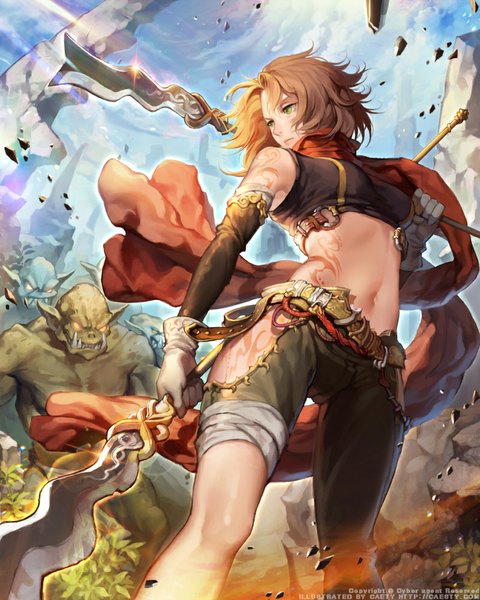 Anime picture 800x1000 with original caesty single tall image brown hair green eyes looking away midriff tattoo troll girl gloves navel weapon elbow gloves belt neckerchief monster