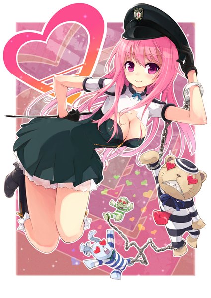 Anime picture 716x1011 with original risou (maeda risou) single long hair tall image looking at viewer blush smile pink hair cleavage pink eyes hand on hip border striped girl gloves animal black gloves heart peaked cap