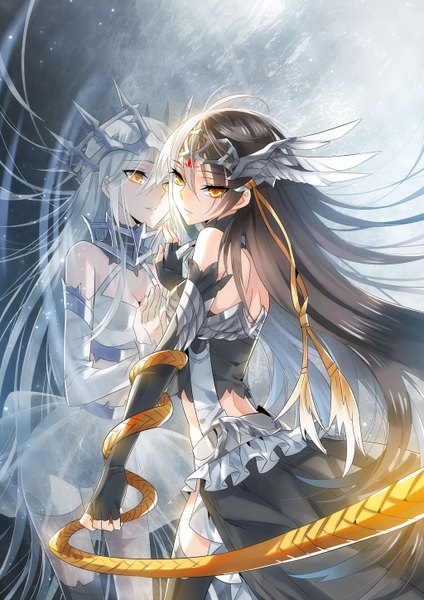 Anime picture 1024x1448 with original egosun (artist) long hair tall image looking at viewer fringe black hair standing bare shoulders yellow eyes looking away white hair looking back light smile light reflection dress gloves hair ornament elbow gloves