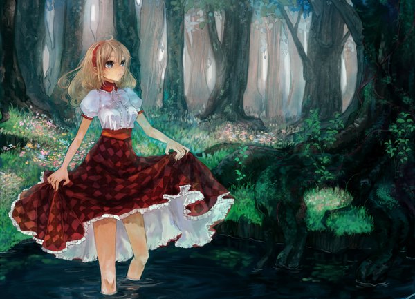 Anime picture 2000x1444 with original pisuke highres blue eyes blonde hair girl dress tree (trees) water hairband forest