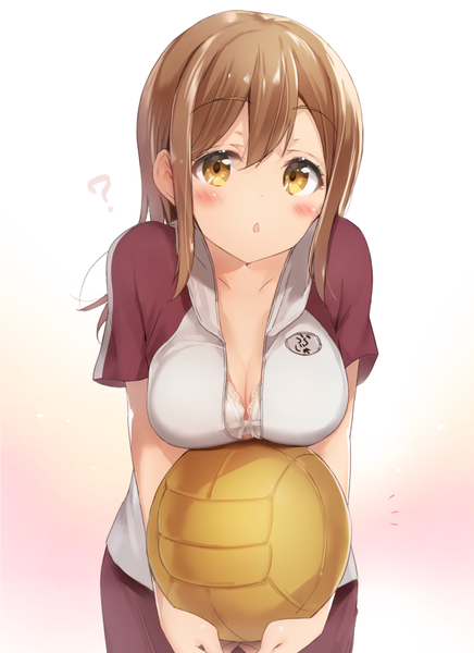 Anime picture 654x900 with love live! sunshine!! sunrise (studio) love live! kunikida hanamaru micopp single long hair tall image looking at viewer blush fringe breasts open mouth light erotic simple background hair between eyes brown hair holding brown eyes cleavage