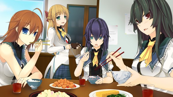 Anime picture 1280x720 with natsuiro asagao residence long hair short hair open mouth blue eyes black hair blonde hair red eyes brown hair wide image multiple girls green eyes game cg eating girl uniform school uniform food 4 girls