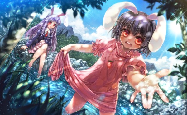 Anime picture 1668x1031 with touhou reisen udongein inaba inaba tewi misaki (kyal 001) long hair looking at viewer blush short hair open mouth red eyes wide image sitting multiple girls animal ears purple hair barefoot sunlight bunny ears outstretched hand girl