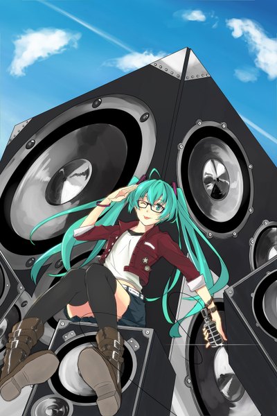 Anime picture 1000x1500 with vocaloid hatsune miku teru (grafroller) tall image sitting twintails very long hair one eye closed aqua eyes wink aqua hair :p girl thighhighs skirt black thighhighs miniskirt glasses microphone speakers