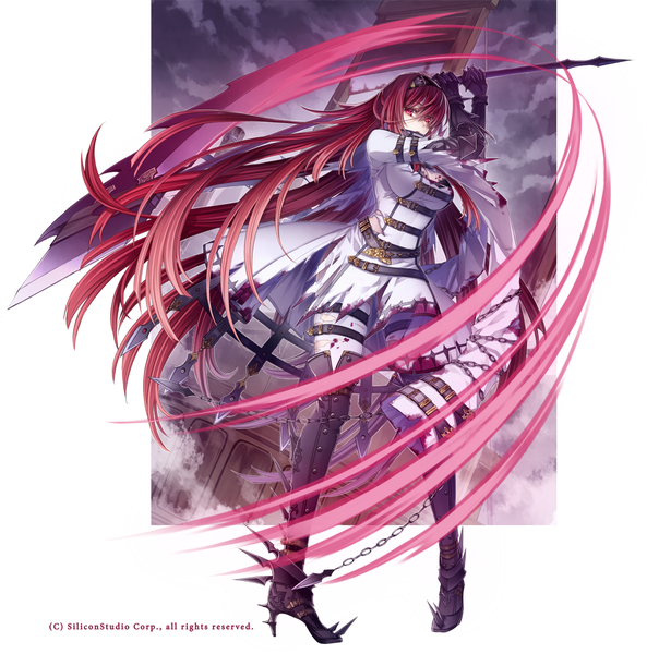 Anime picture 1080x1093 with gyakushuu no fantasica hiiragi reki single tall image looking at viewer fringe light erotic hair between eyes standing signed cloud (clouds) full body red hair very long hair torn clothes framed covered mouth bloody clothes girl thighhighs