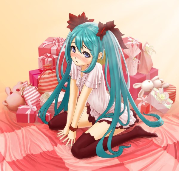 Anime picture 1254x1200 with vocaloid hatsune miku single looking at viewer blush blue eyes sitting twintails very long hair aqua hair girl thighhighs hair ornament black thighhighs socks bracelet gift teddy bear box stuffed rabbit