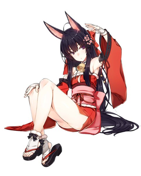 Anime picture 1066x1323 with original kuro (kuronell) single long hair tall image fringe light erotic black hair simple background white background sitting purple eyes animal ears payot looking away full body ahoge bent knee (knees) ass traditional clothes