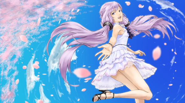Anime picture 1920x1080 with vocaloid yuzuki yukari din (raiden) single long hair highres open mouth wide image twintails purple eyes sky purple hair cloud (clouds) legs low twintails girl hair ornament petals sundress hair tubes