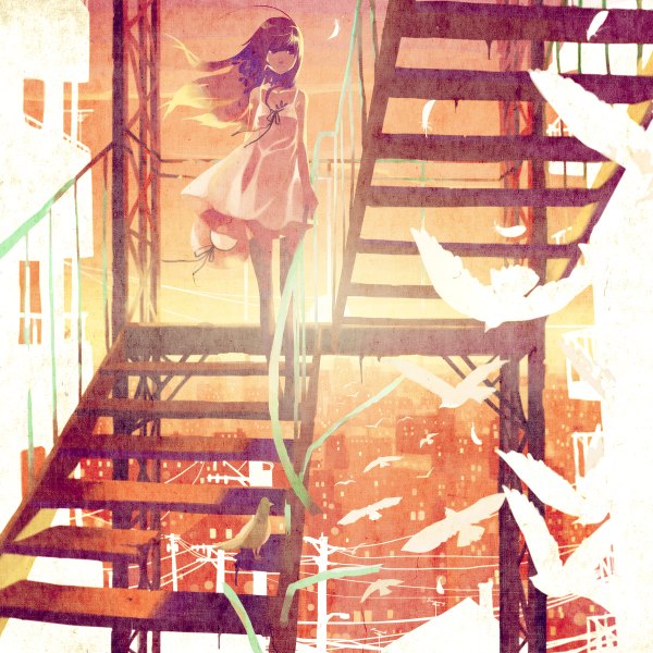 Anime picture 1200x1200 with original vofan single long hair brown hair brown eyes ahoge city evening sunset girl thighhighs dress ribbon (ribbons) hat animal bird (birds) feather (feathers) sundress stairs