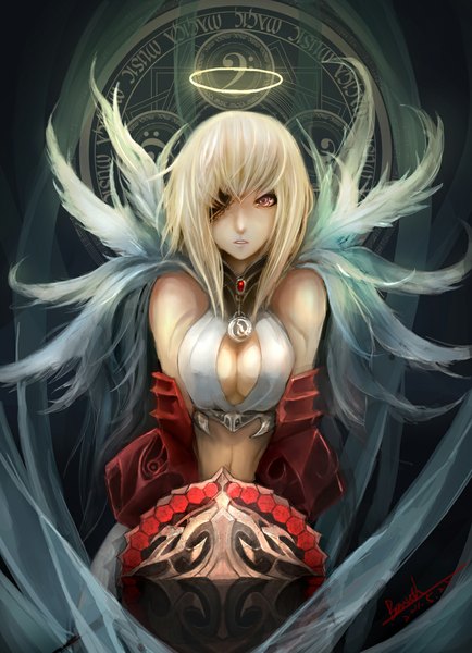 Anime picture 827x1142 with bamuth single long hair tall image looking at viewer breasts open mouth blonde hair red eyes large breasts bare shoulders signed cleavage teeth bare belly angel girl wings feather (feathers) halo