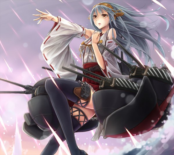 Anime picture 1134x1008 with kantai collection haruna battleship kirieroido iii single long hair looking at viewer blush open mouth brown eyes grey hair nontraditional miko girl thighhighs hair ornament weapon black thighhighs detached sleeves