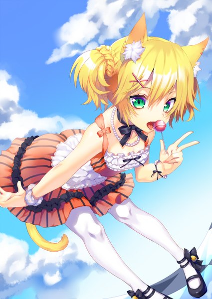 Anime picture 1000x1412 with original hijiri-ssh single tall image looking at viewer short hair open mouth blonde hair green eyes animal ears sky cloud (clouds) tail animal tail cat ears cat girl cat tail girl dress food