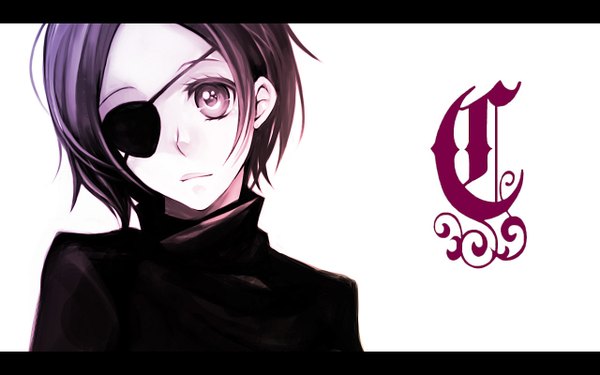 Anime picture 1280x800 with katekyou hitman reborn chrome dokuro single looking at viewer short hair wide image purple eyes purple hair upper body light smile letterboxed girl eyepatch