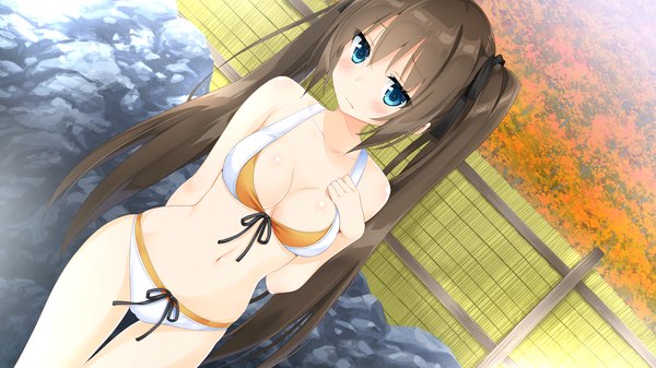 Anime picture 1280x720 with koi to koi suru utopia nishihara kaho kani biimu single long hair looking at viewer blush fringe breasts blue eyes light erotic hair between eyes brown hair wide image twintails payot game cg cleavage dutch angle embarrassed