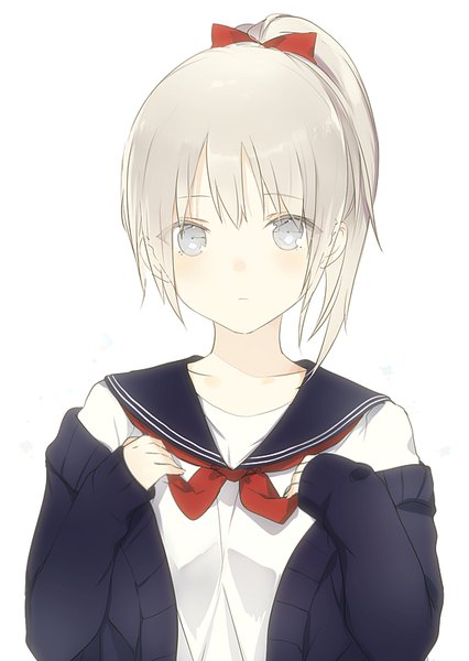 Anime picture 570x802 with original lpip single tall image looking at viewer blush fringe short hair payot upper body ponytail grey hair sleeves past wrists silver eyes adjusting clothes girl uniform bow hair bow serafuku