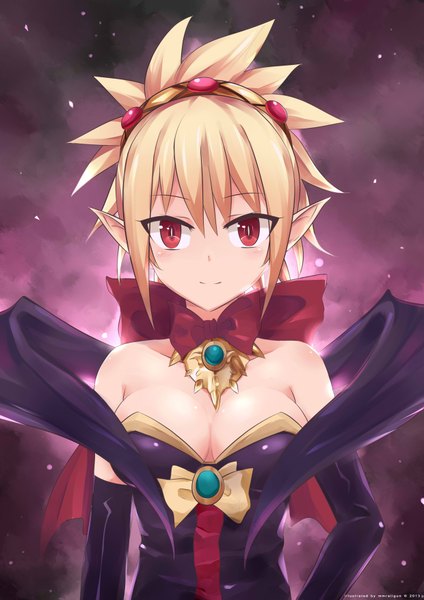 Anime picture 1240x1754 with disgaea rozalin mmrailgun single tall image looking at viewer short hair breasts light erotic blonde hair red eyes bare shoulders light smile pointy ears girl dress gloves bow wings elbow gloves