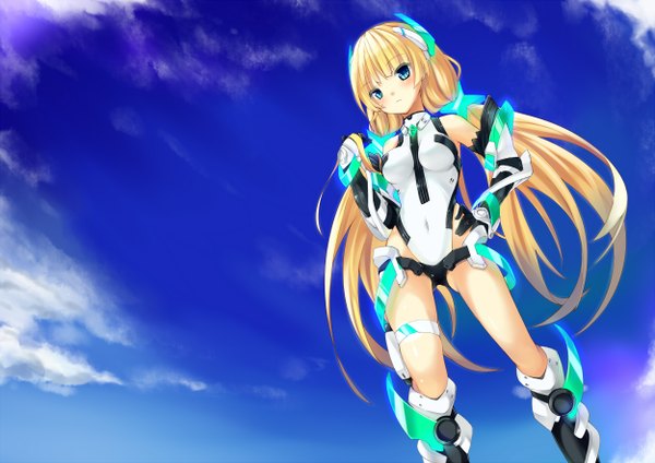Anime picture 2500x1767 with expelled from paradise angela balzac kaede (yumesaki kaede) single long hair looking at viewer blush highres blue eyes light erotic blonde hair twintails bare shoulders sky cloud (clouds) hand on hip low twintails covered navel looking down girl