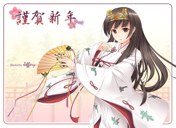 Anime picture 1243x900 with original jeffery (backam) single long hair looking at viewer black hair brown eyes traditional clothes japanese clothes miko girl hair ornament fan chihaya (clothing)