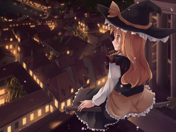 Anime picture 1600x1200 with touhou kirisame marisa lzh single long hair blush blonde hair orange eyes city witch girl witch hat lantern broom lamppost