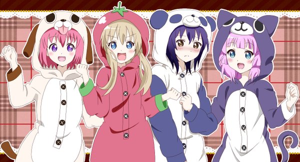 Anime picture 1418x768 with yuru yuri doga kobo toshinou kyouko akaza akari yoshikawa chinatsu funami yui kanap0n long hair blush short hair open mouth blue eyes blonde hair wide image purple eyes multiple girls brown eyes pink hair purple hair group